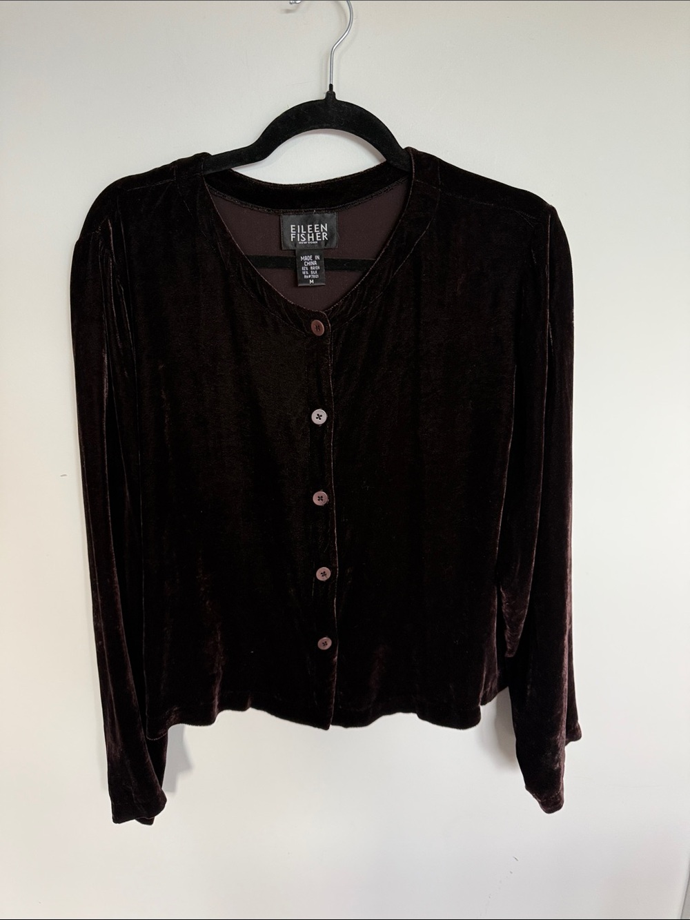 Eileen Fisher Silk Blend Velvet Button Front Top Brown M